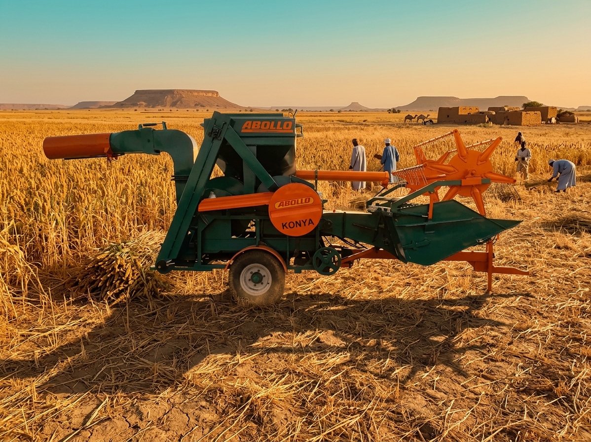ABOLLO TY-CH1200 PTO combine harvester operating in Sudan wheat field with tractor || Abollo Agricultural Machinery